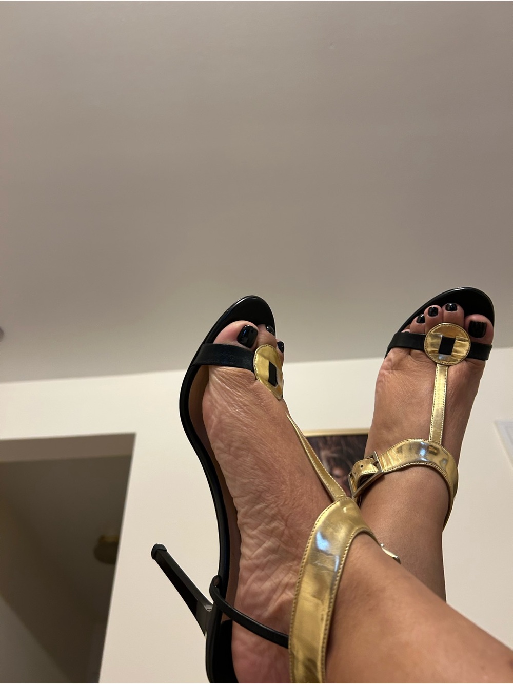 Jimmy Choo Black and Gold T-Strap High Heel Sandal